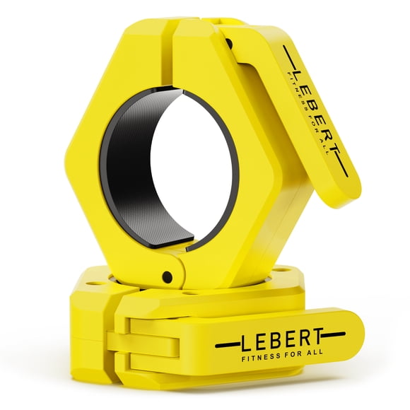 Lebert Fitness Magnetic Yellow Barbell Collars 2” Olympic – Locking Weight Clamps, Quick Release Barbell Clips, Secure Grip Gym Collars.