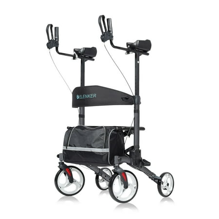 ELENKER Upright Rollator Walker Tall Folding Stand up Rollator Walker for Seniors Fiber Black