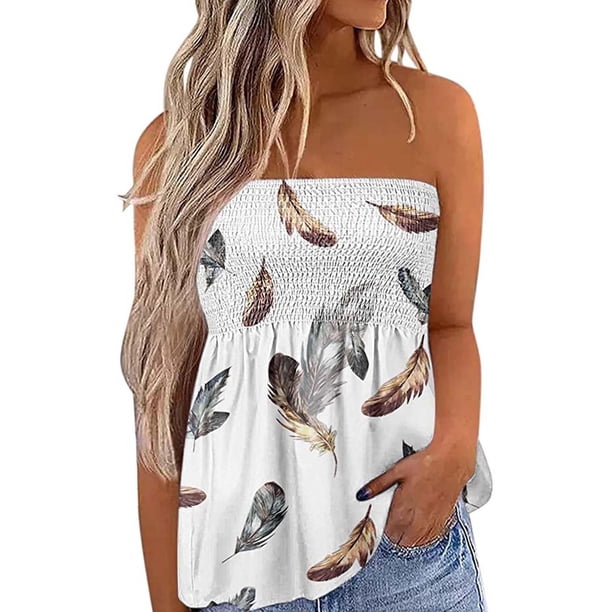 SAYOO Camisetas Sin Tirantes para Mujer, Sin Mangas Plisadas Color Degradado/Pluma/Raya/Flor/Bandera Pullover, Tops Sueltos de Verano para Mujer SAYOO casual