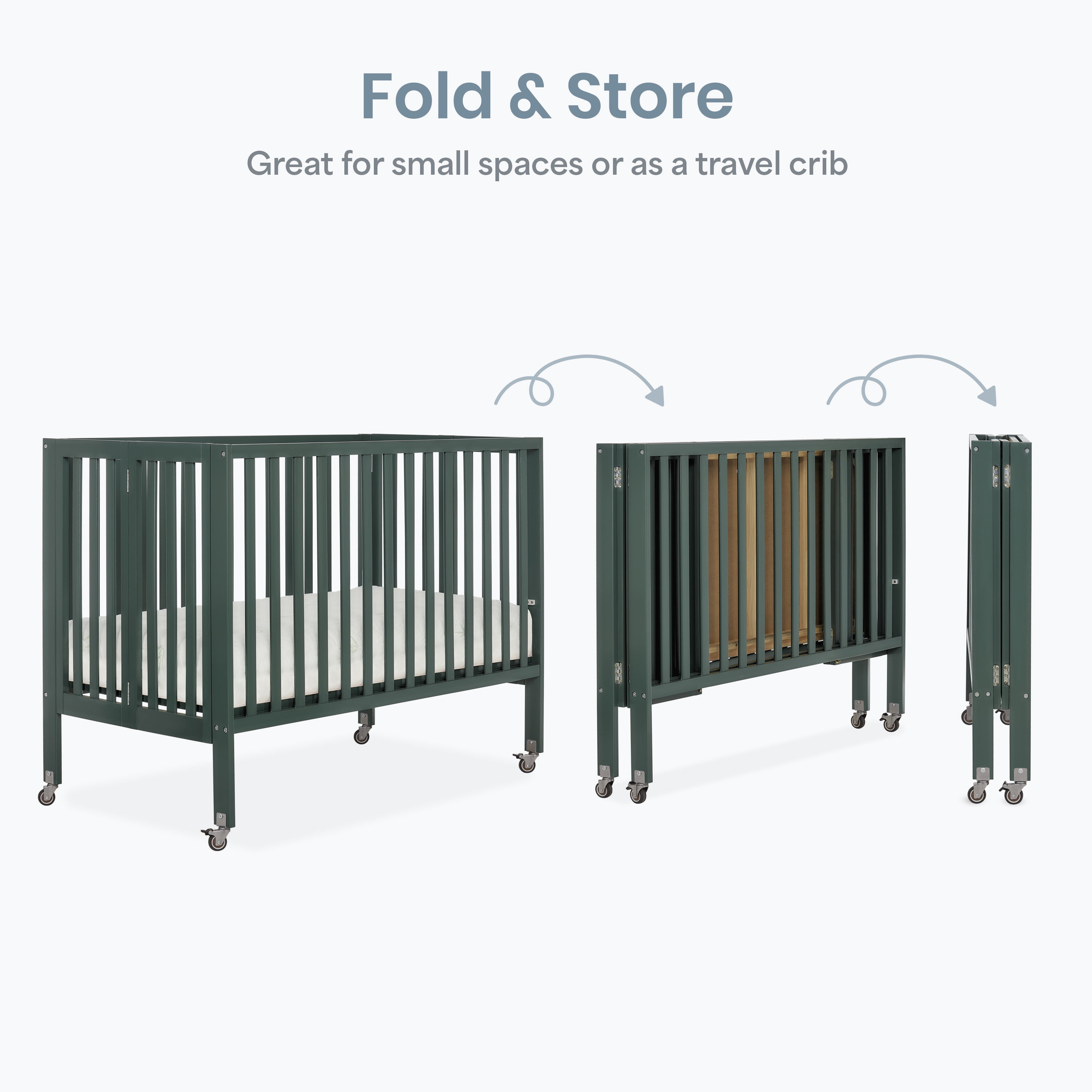 Dream On Me Quinn Full-Size Folding Crib, Removable Wheels, Modern Nursey, Adjustable Mattress Support, Patent Folding System in Olive