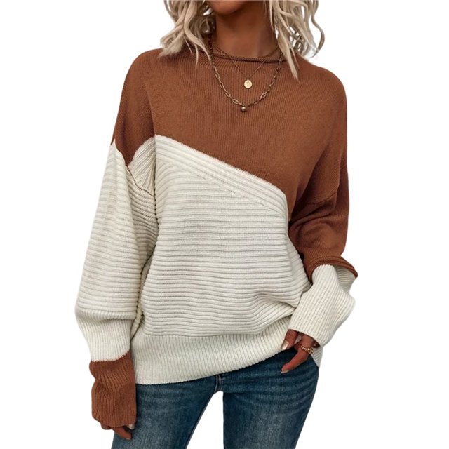 Suéter Casual de Color Block para Mujer, Cuello Redondo, Larga, Punto Acanalado Color Caramelo XL
