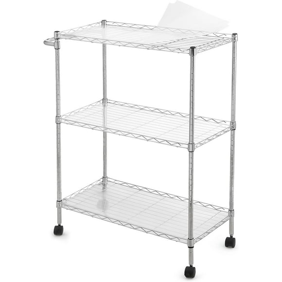 Ourlova Chariot Utilitaire en Métal Robuste à 3 Niveaux, Chariot Chromé NSF de 300 Lb avec Poignée et Doublures d'Étagère