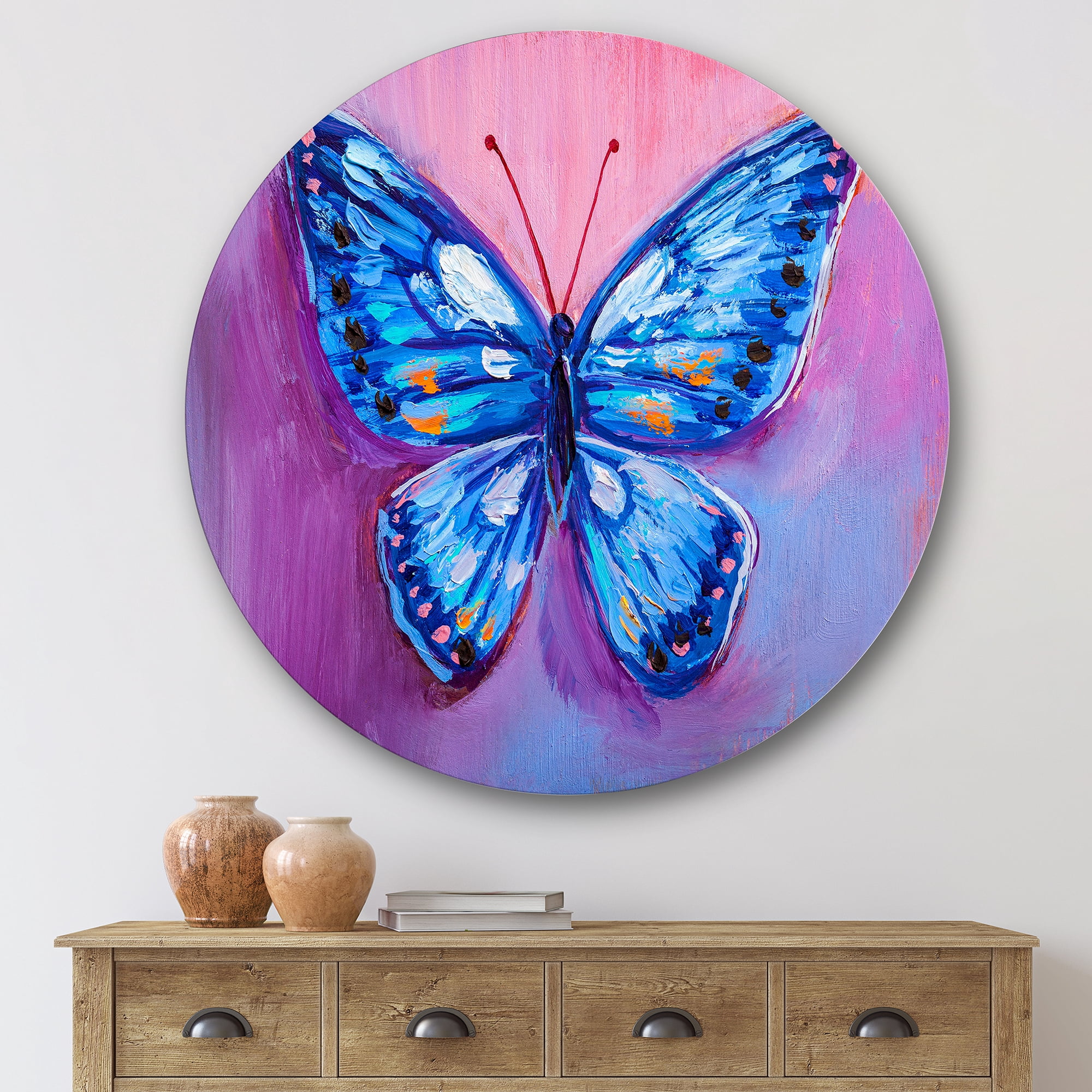 Designart 'Ancient Blue Butterfly I' Modern Circle Metal Wall Art 29x29 - Disc of 29
