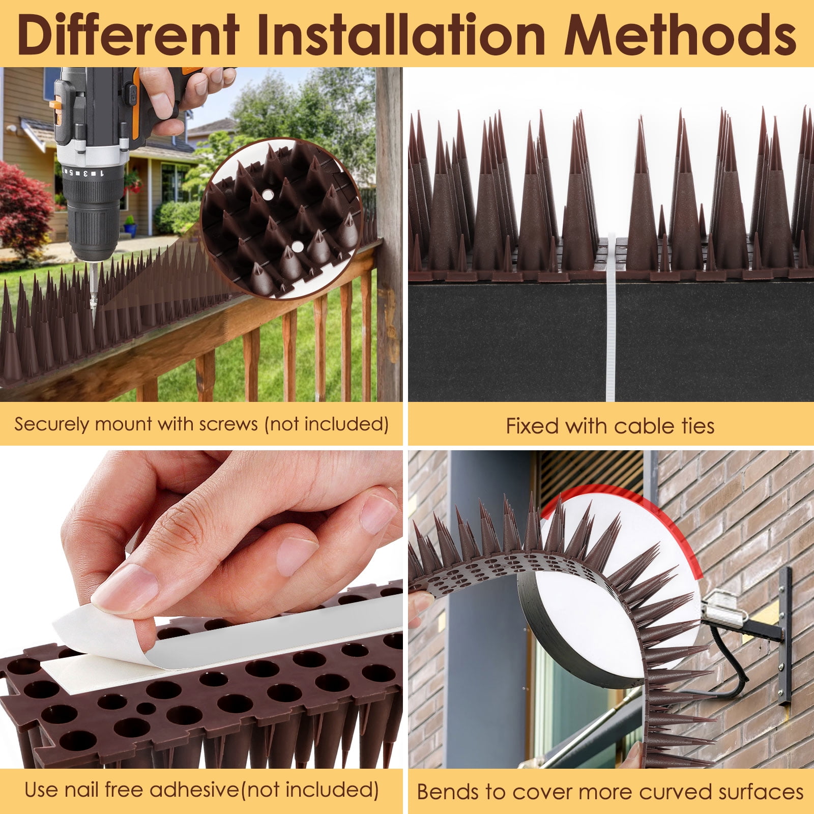 Ikoopy 12 Pack Bird Pigeon Spikes Tool Kit Flexible Versatile Fence Spikes of Birds Set Sturdy Animals Away Fence Kit for Outside Use 11.81*0.79*0.79in Brown
