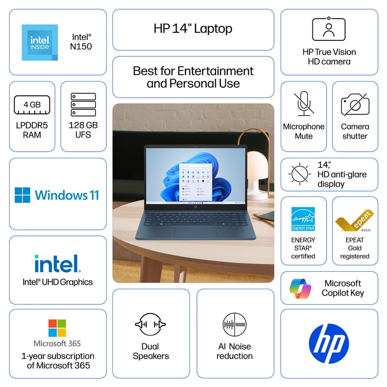 HP 14 inch HD Windows Laptop Intel Processor N150 4GB 128GB UFS