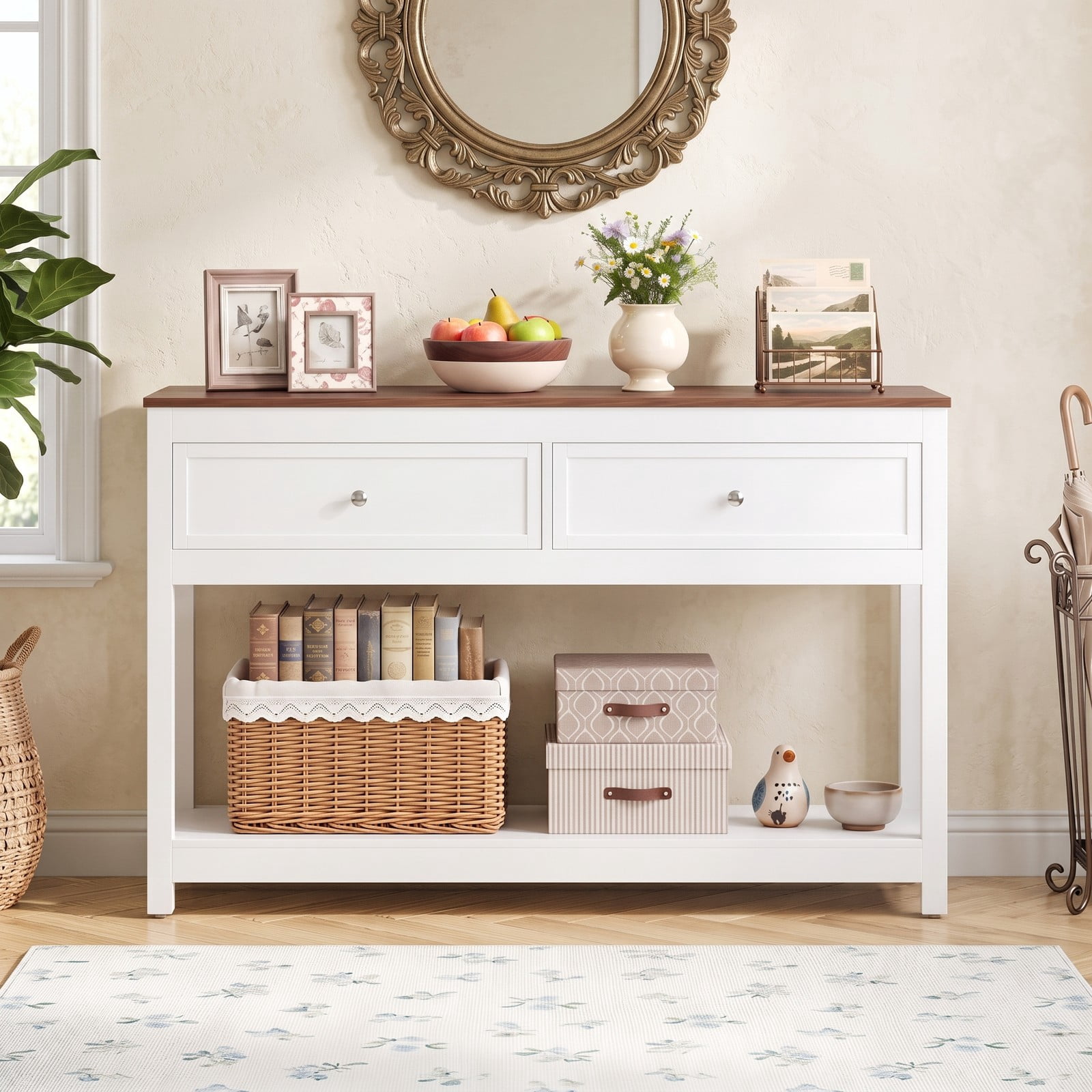 Furnibear Farmhouse Console Table with 2 Drawers and Open Storage Shelf and Two-Tone Wood Top for Entryway and Hallway, White