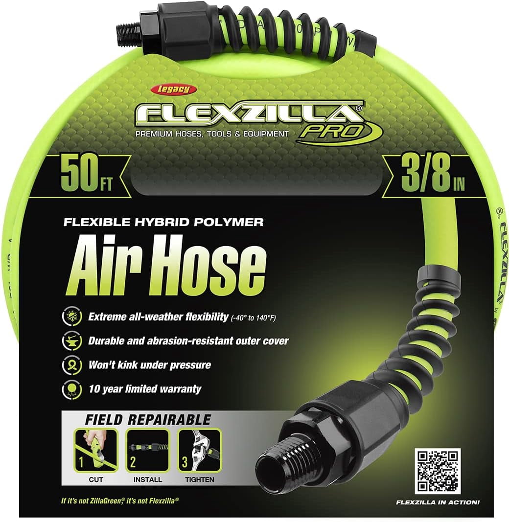 Flexzilla Pro HFZP3850YW2 3/8" x 50' Air Hose, Field-Repairable, Reusable Fitting