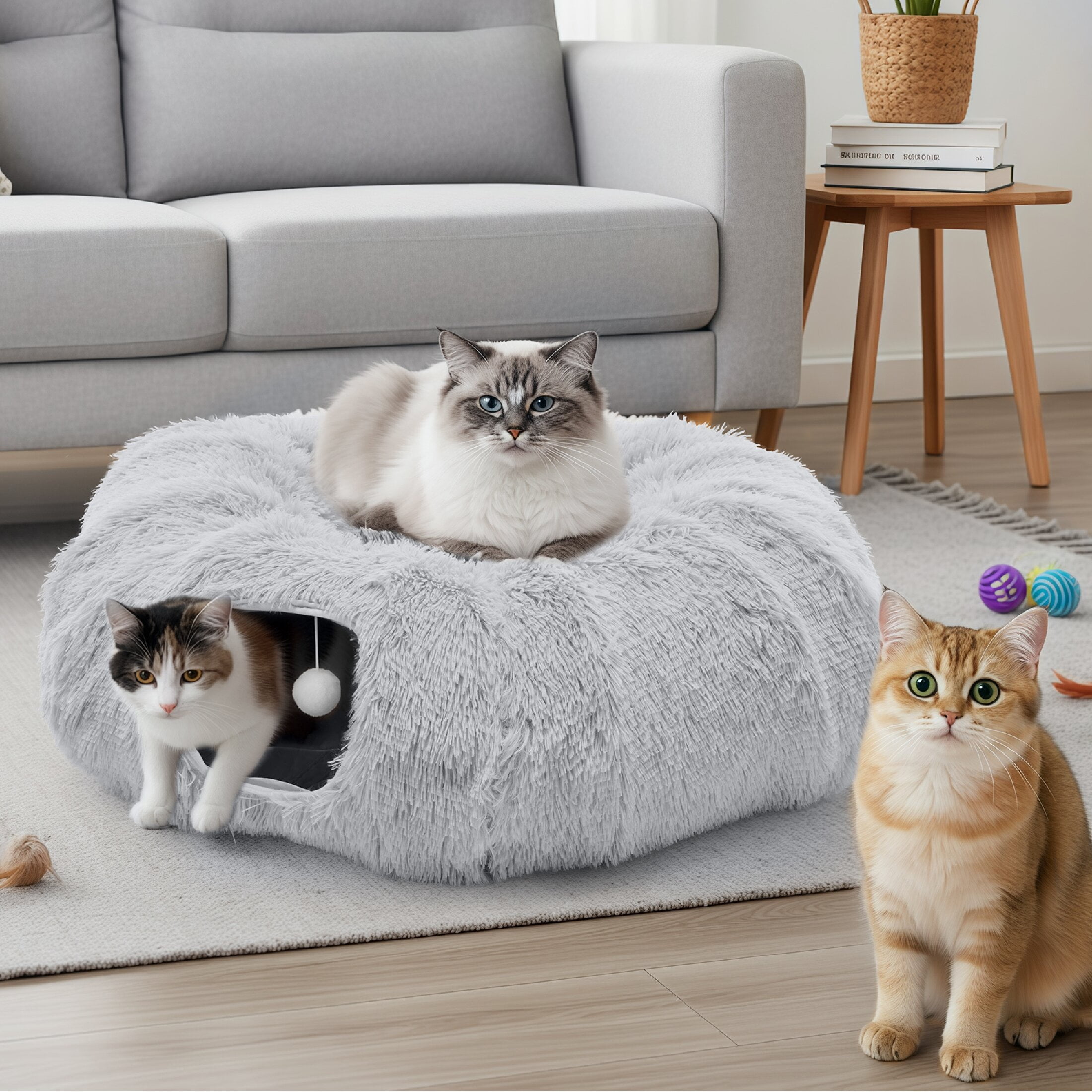 edx Cat Tunnel Bed for Indoor Cats, Soft Plush Peekaboo Hideaway Cave with Circle Cushion, Washable Multifunctional Playground Cat Donut Tunnel for Kittens, Rabbit, Ferret, Grey