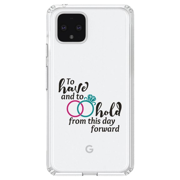 DistinctInk Clear Shockproof Hybrid Case for Google Pixel 4 (6.1" Screen) - TPU Bumper Acrylic Back Tempered Glass Screen Protector - To Have & To Hold Wedding Rings