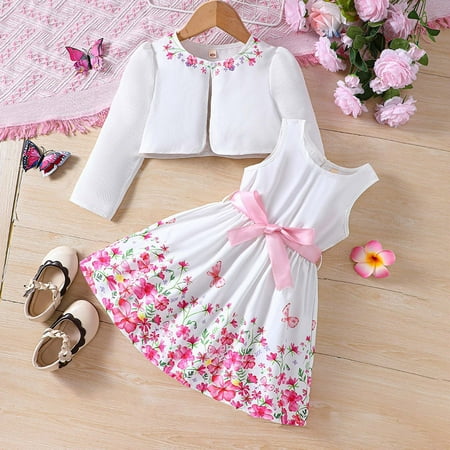 FAOWME Baby Kids Girls Set Long Sleeve Flower Print Cardigan And Sleeveless Lace Up Dress Comfortable Fashion Outfit For Daily Wear White 2-3 Years