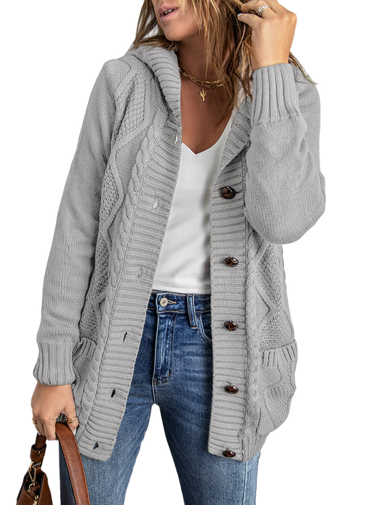 Aleumdr Swimwear Aleumdr Women's Hooded Cardigan Sweater Fleece Lined Cable Knit Button Down V Neck Open Front Winter Coat with Pocket Gray 2XL
