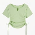 thumbnail image 5 of Tops for Women Short-sleeved Pleated V-neck Solid-color Casual T-shirt Green S, 5 of 5