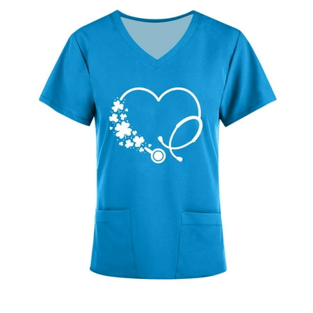 

Scrubs for Women Short Sleeve V Neck Solid Color Print Scrub Top Medical Scrub Shirts Working Uniforms with Pockets