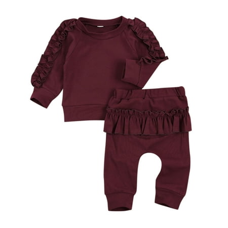 

NECHOLOGY Baby Girl Clothes 2t Infant Kids Newborn Baby Girls Long Ruffled Sleeve Solid Tops Sweats for Teen Girls Childrenscostume Wine 12-18 Months