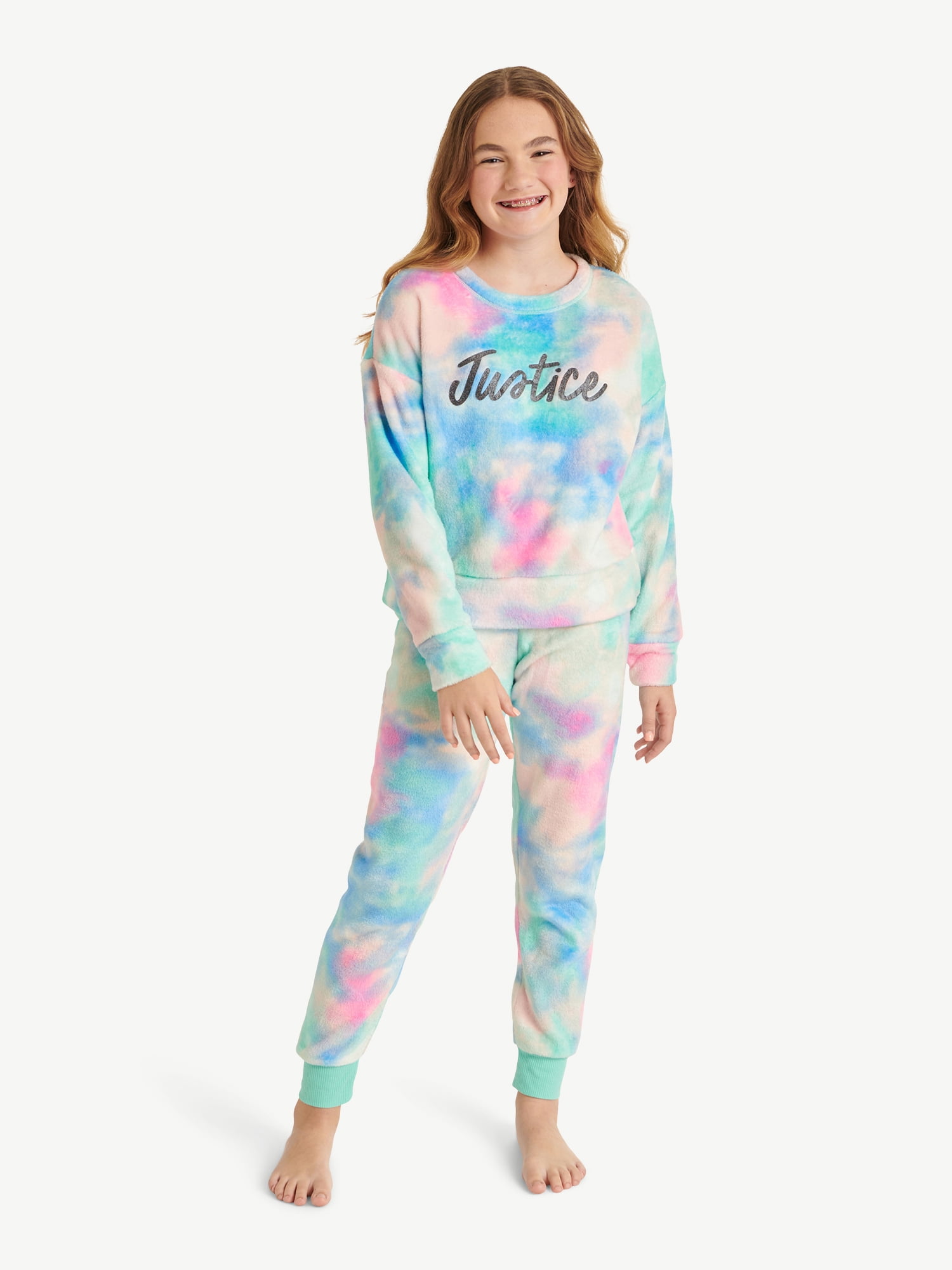 Justice Girls Fleece Long Sleeve Top and Jogger Pant, 2-piece Pajama Set, Sizes 5-18 & Plus