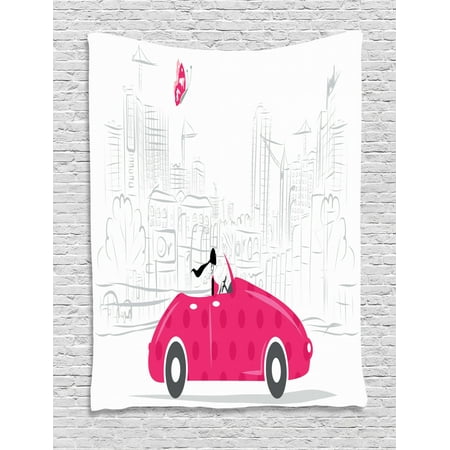 Cars Tapestry Woman Driving Pink Vintage Car Sketchy Cityscape