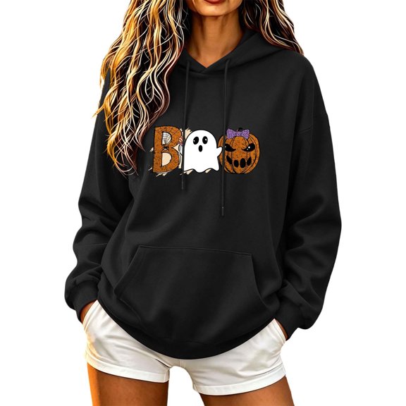 Enjoytime Womens Hoodie Halloween Printed Drawstring Long Sleeve Pullover Sweatshirt Fall Vintage Casual Spooky Season Hoodies