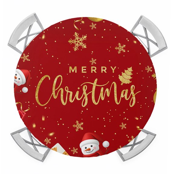 Round Fitted Tablecloth with Elastic Edge, Red Christmas Waterproof Table Cloth Table Cover for 55"-60" Tables, Snowman Xmas Snowflake Gifts Winter Tablecloths for Dining Picnic Party Outdoor