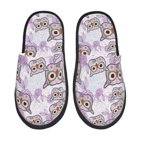 Balery Owl And Floral Slient Indoor Furry Fleece Comfort House Shoes Soft Non-Slip Home Shoes Cotton slippers House Slippers-- Medium
