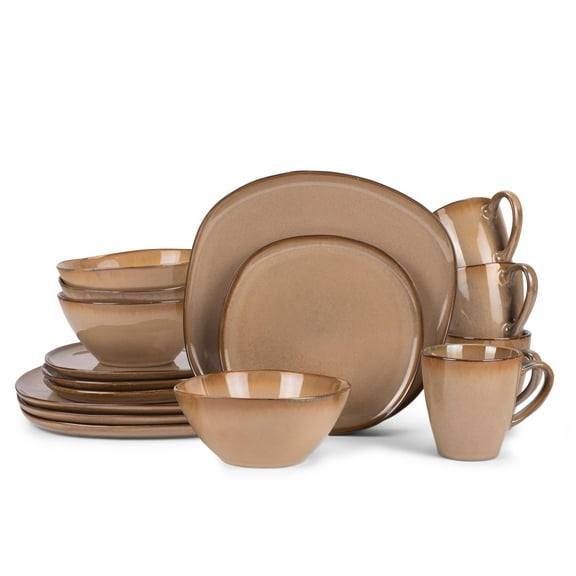 Elanze Designs Modern Chic Smooth Ceramic Stoneware Dinnerware Set for 4, Brown, 16 Piece