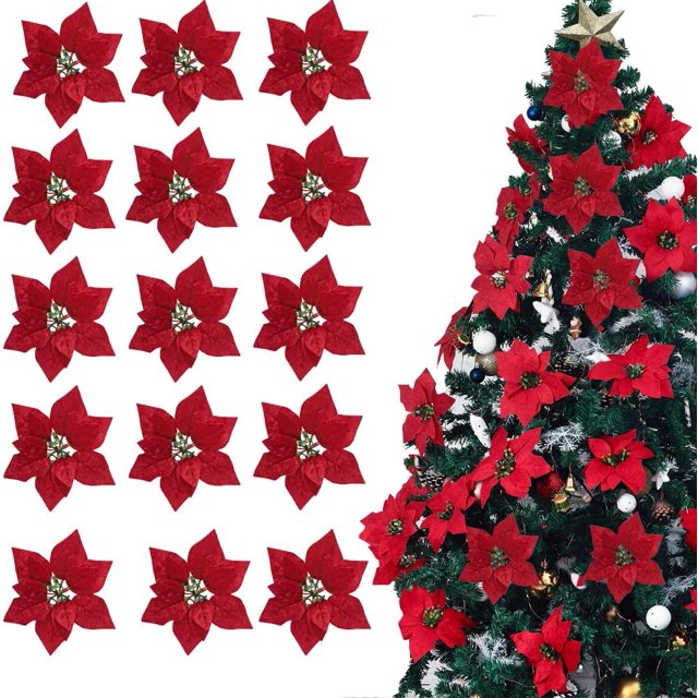 15 piezas de flores artificiales de flor de Pascua de 16 cm con clips Decoraciones para árboles de Navidad Guirnaldas Guirnaldas Decoraciones navideñas (Rojo) esquí esquí Gafas de esquí