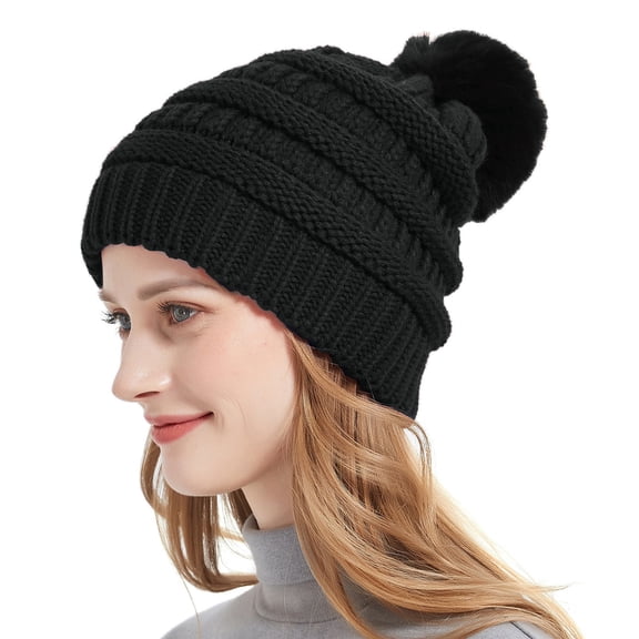 Homenesgenics Winter Hats for Women Beanies,Bobble Hat,Pom Pom Hat,Winter Windproof Outdoor Hats Beanies Brushy Black One Size