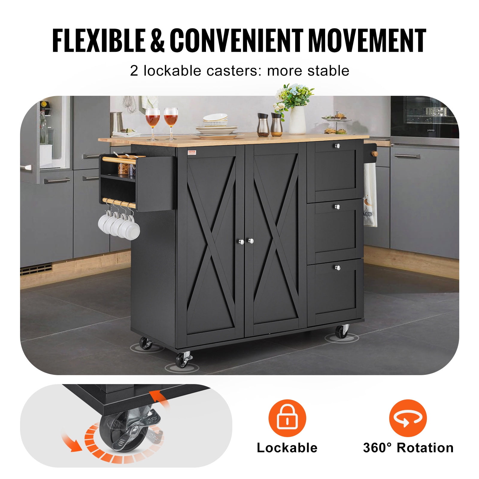 VEVOR Kitchen Island Cart, 56" Wood Top Mobile Carts with Storage Cabinet, Rolling Table with Drop Leaf, Spice Rack, Towel Bar, Adjustable Shelf, Drawer, and Hooks, Portable Islands on Wheels, Black