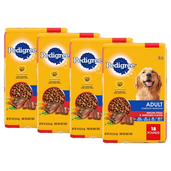 (4 pack) Pedigree Adult Dry Dog Food, Complete Nutrition, Grilled Steak & Vegetable Flavor, 18 lb. Bag