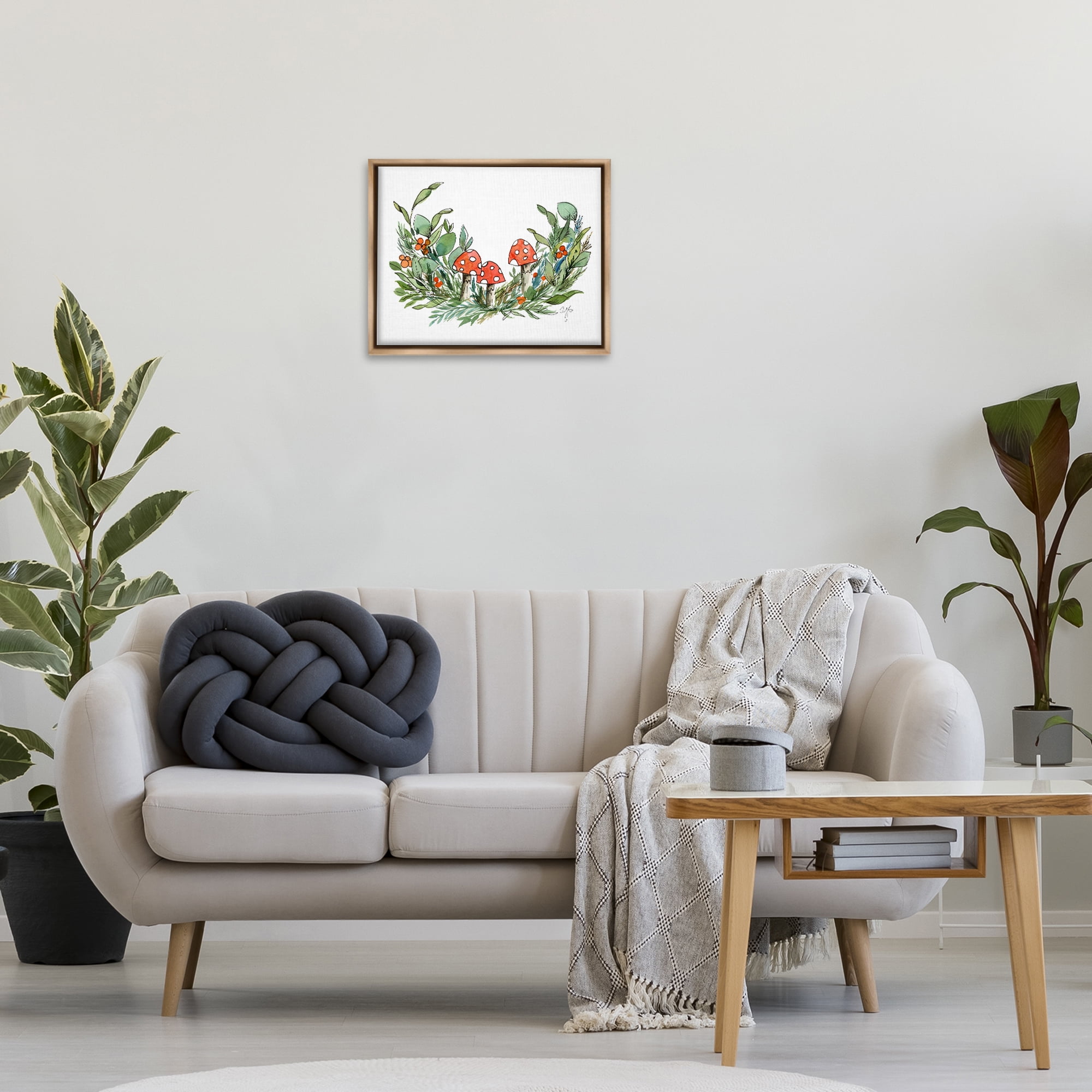 Stupell Industries Mushrooms and Greens Plants & Flowers Painting Brown Floater Framed Canvas Art Print Wall Art, 21 x 17