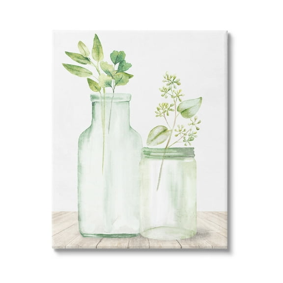 Stupell Industries Herbal Plant Sprigs Country Glass Jars Rustic Painting Graphic Art Gallery Wrapped Canvas Print Wall Art, Design by Kim Allen