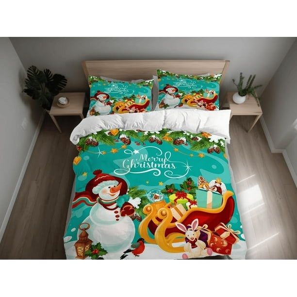 Muñeco de nieve Feliz Navidad Aguamarina Juego de ropa de cama Regalo de vacaciones Funda nórdica King