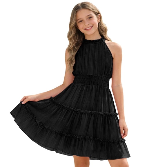 Lullu Girls Summer Ruffle Tiered Sleeveless Dress Casual A Line Swing Dress, Sizes 5-13