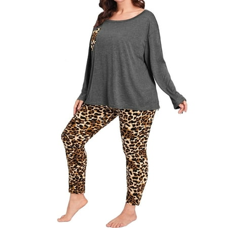 

Casual Leopard Print Round Neck Pant Sets Multicolor Long Sleeve Plus Size Pajama Sets