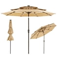 thumbnail image 1 of 9ft Patio Umbrella with Solar Lights, 3-Tier Umbrella Outdoor Patio with LED Lights, Ventilation, Easy Crank & Tilt, 8 Sturdy Ribs, UV Protection, Large Patio Umbrella for Deck, Pool, 1 of 8