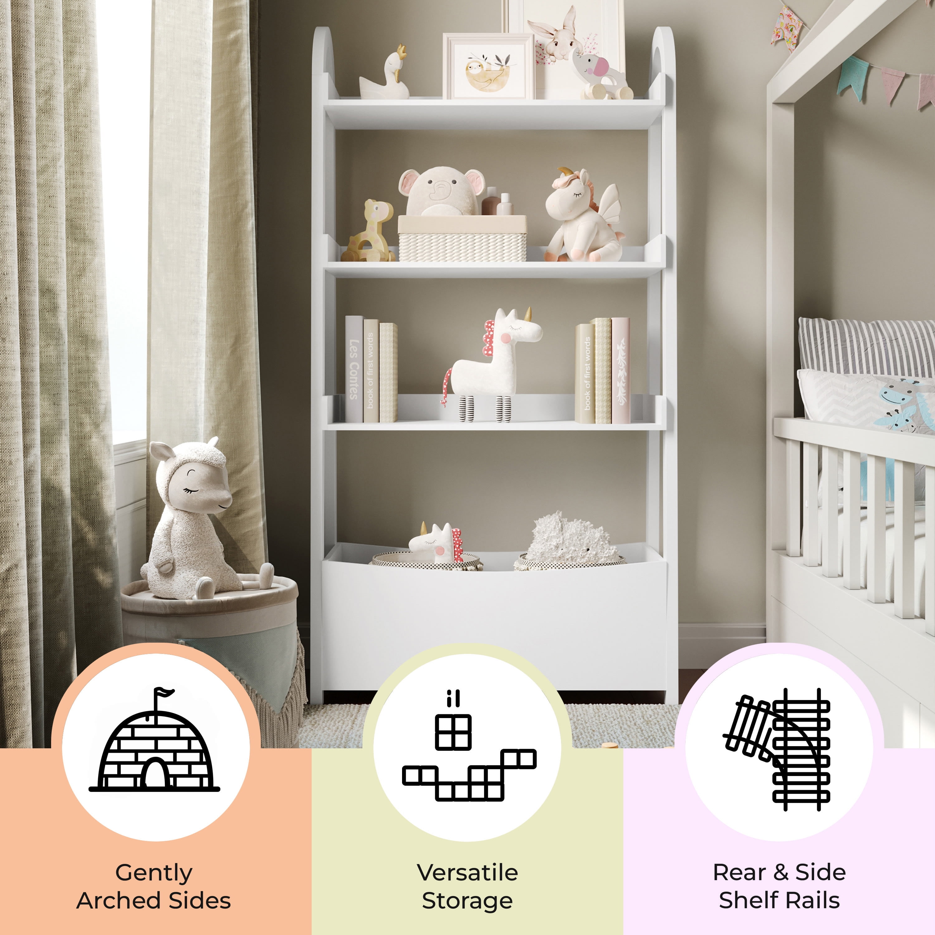 Buzz & Bloom Kids Open-Style Engineered Wood Bookshelf with 3 Shelves and Bottom Storage Bin, White