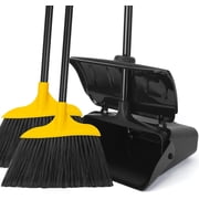 Indoor/Outdoor Heavy Duty Broom and Dustpan Set,Upright Plastic Commercial Dust Pan with 2 Brooms Perfect for Sweeping Courtyard Garage Lobby Kitchen Office Mall Market Shop Floor