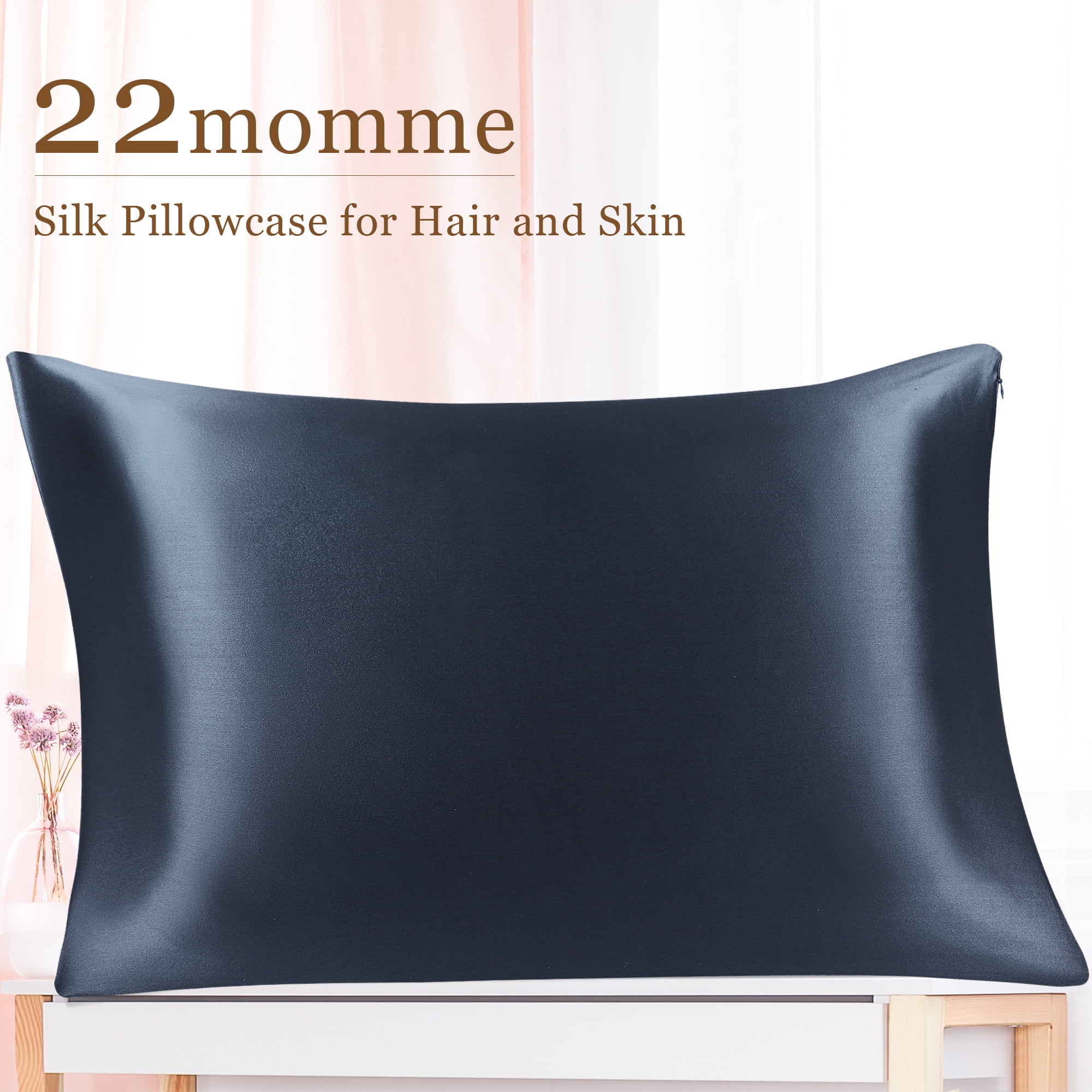PiccoCasa 22 Momme Silk Pillowcase with Hidden Zipper, Travel(14"x20"), Navy Blue