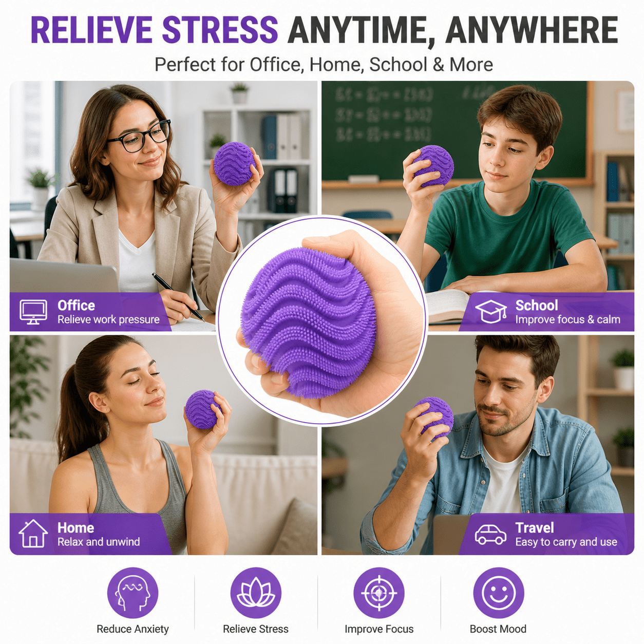 Silicone Stress Ball, Textured Squishy Squeeze Ball for Desk, Office, Home and Everyday Focus