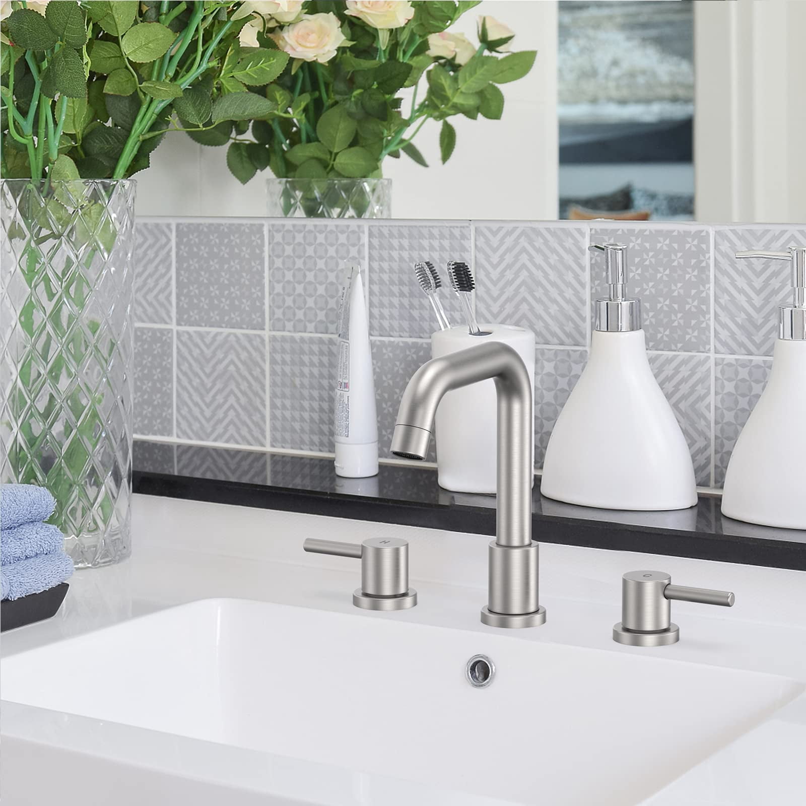 Brushed Nickel Bathroom Faucet 3 Hole,8 Inch Bathroom Faucet with Metal Pop-up Drain Assembly, Two Handle Vanity Faucet with cUPC Supply Lines, 8" Widespread Bathroom Sink Faucet