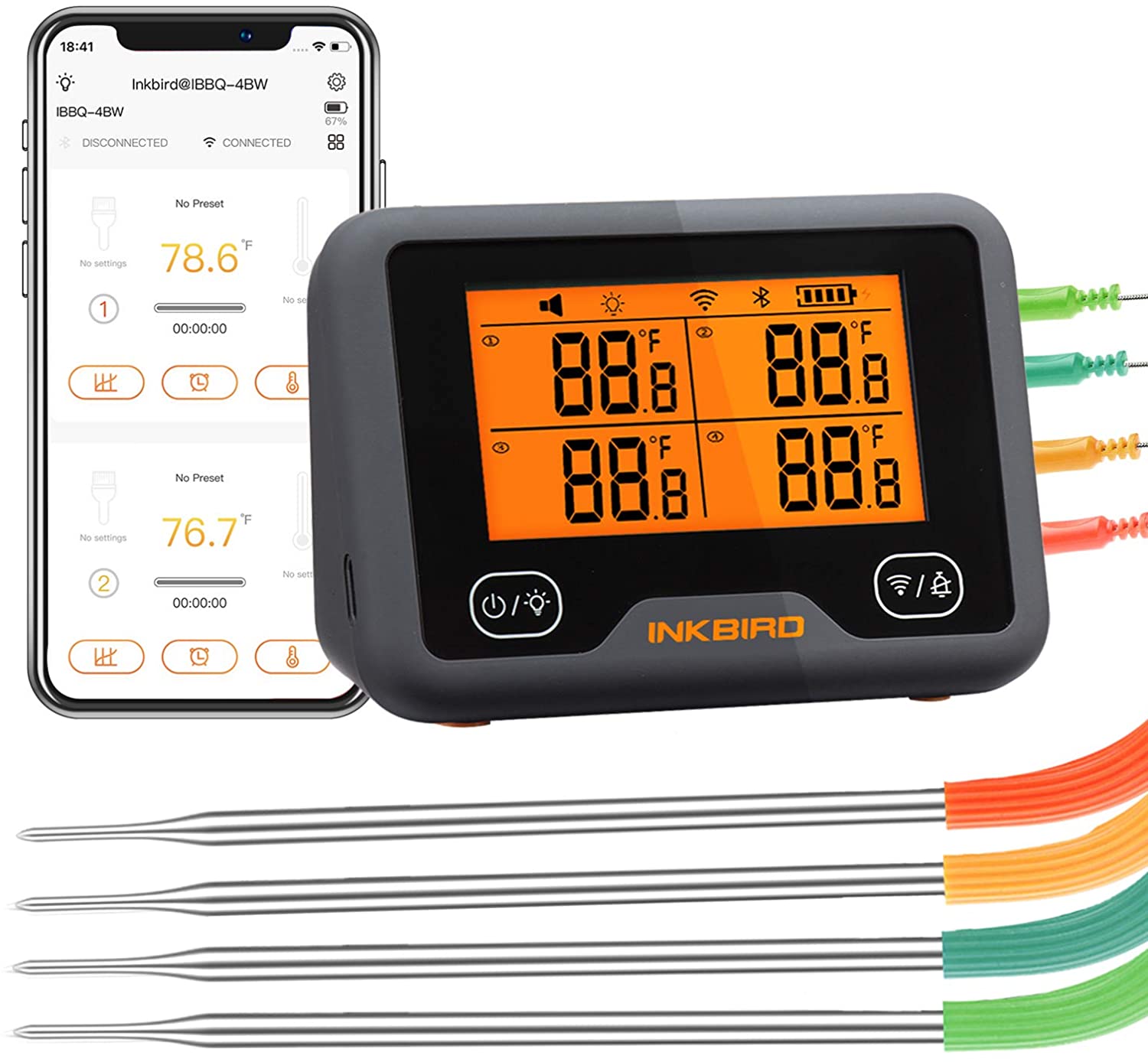 Inkbird Wi-Fi&Bluetooth Grill Thermometer IBBQ-4BW, Wireless Meat Thermometer with 4 Probes, Wifi Meat Grill Thermometer - image 1 of 7