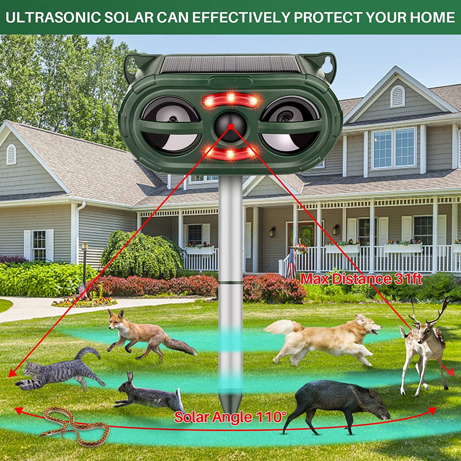 Ultrasonic Animal Repeller,Solar Pest Animal Repellent Outdoor,Squirrel Repellent,Animal Deter Devices Outdoor,Cat Repeller with Motion Sensor & Flashing Light (1 Pc)