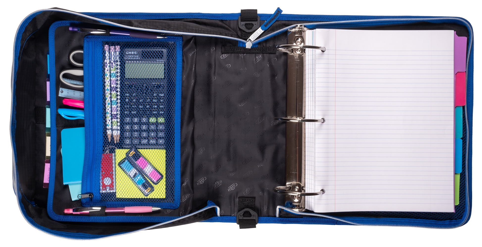 Case-It Printed Mighty Zip Tab3 ring zipper binder, 3-Inch Capacity, with 5-Tab Expanding File, Zip Mesh Pocket, Shoulder Strap, Tie Dye Spotch Blue D-146-P