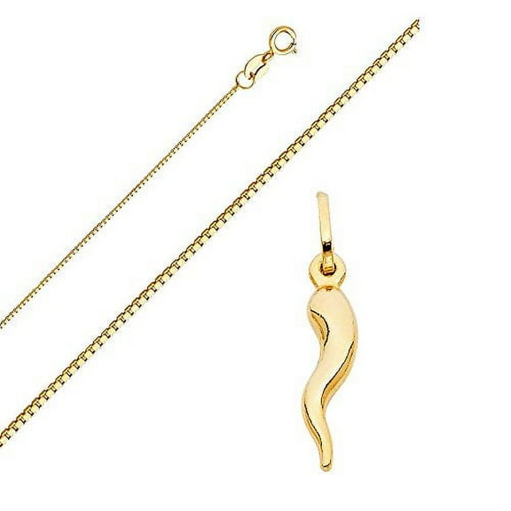 14k Yellow Gold Cornicello Italian Horn Pendant with 0.7mm Box Link Chain Necklace (20.0)