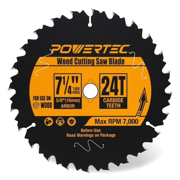 POWERTEC 7-1/4 inch Circular Saw Blade, 24T, 5/8" Arbor, ATB Carbide Teeth - Thin Kerf Carbide Tipped Wood Cutting Blade, Fast Crosscutting for Softwood & Hardwood (14015N)