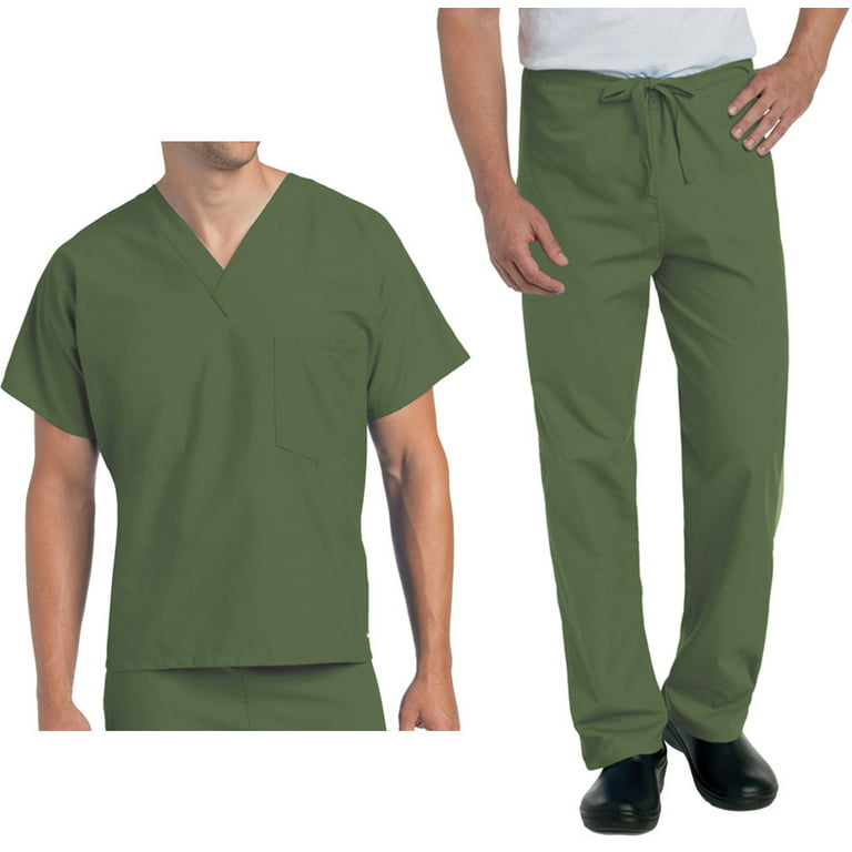 Landau Unisex V-Neck Scrub Top 7502 And Drawstring Pant 7602 Classic  Medical Uniform Scrubs Set Olive (3XL Top/Pant 3XL) 