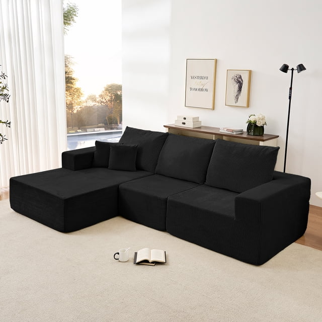 Mjkone Cloud Modular Sectional Sofa with Chaise, Modern Upholstered L-Shape Couch,Convertible Sleeper Sofa for Living Room,Black