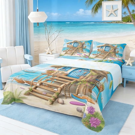 Manfei Cartoon Fairy Tale Beach Hut Full Size Sheets for Kids Boys and Girls Coastal Cottage Print Bed Sheets 4 Pieces 1 Flat Sheet 1 Fitted Sheet and 2 Pillowcases