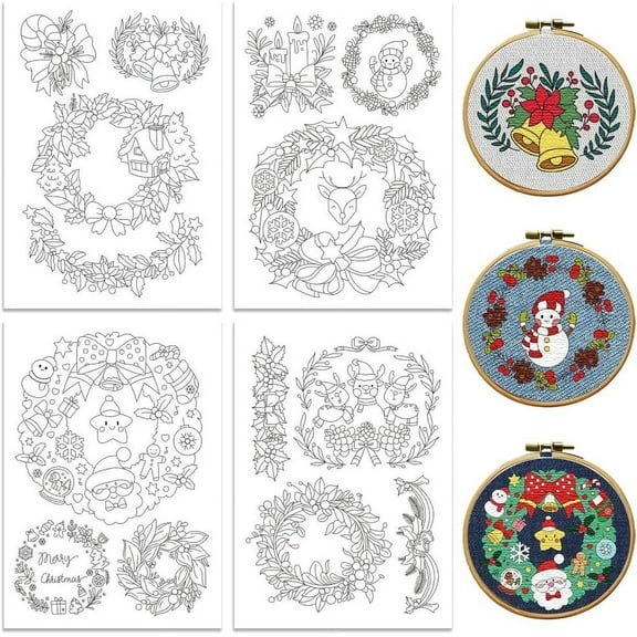 Water Soluble Embroidery Patterns for DIY Beginners Christmas Flower Wreath Reindeer 4 Sheets with 14pcs Wash Away Embroidery Pattern Stabilizer for DIY Hand Sewing Lover Women Adults