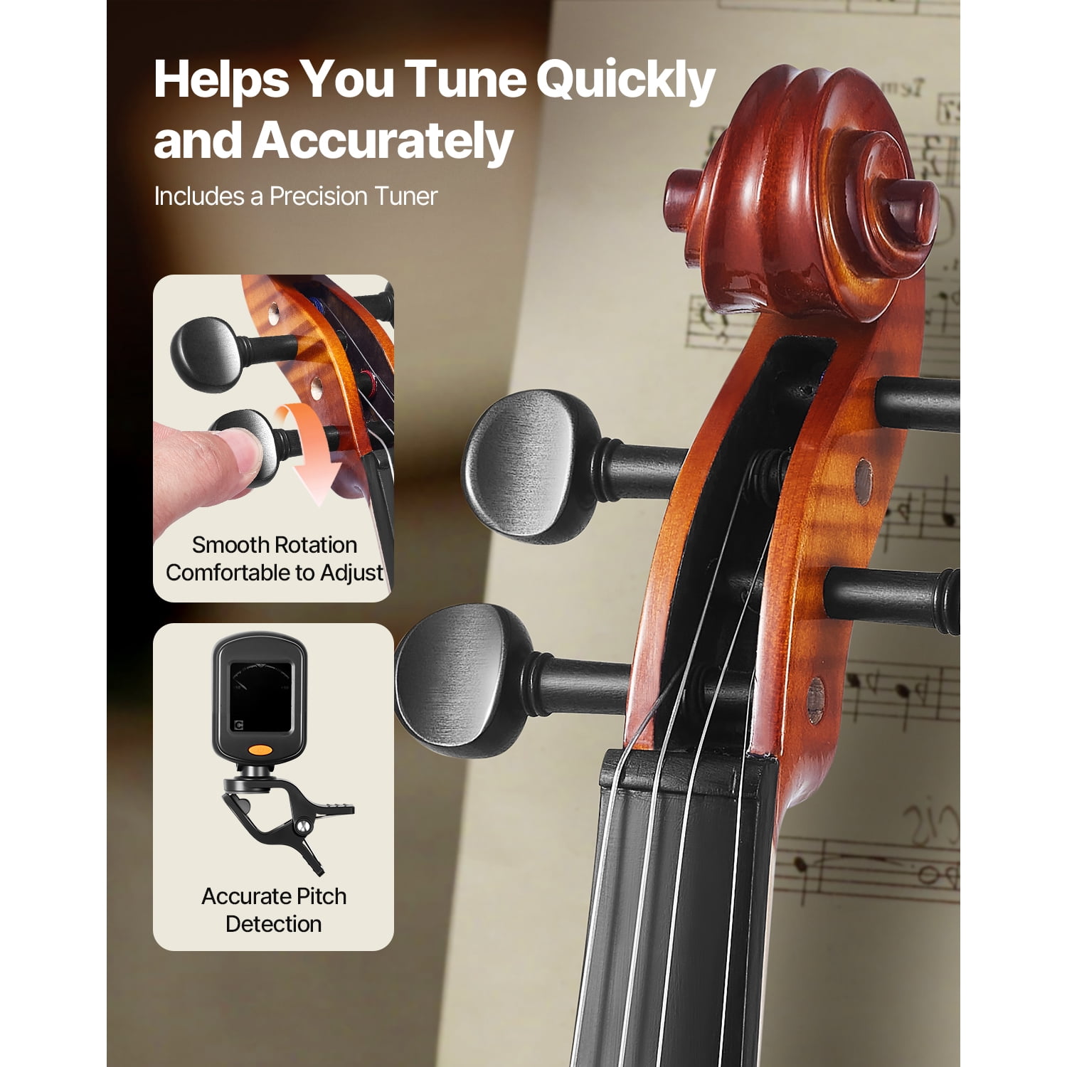 KFFKFF 4/4 Full-Size Violin for Adults, Complete Beginner Set with Case, Rosin, Bow, Shoulder Rest, Bridge, and Extra Strings, Solid Wood Instrument with Glossy Brown Finish
