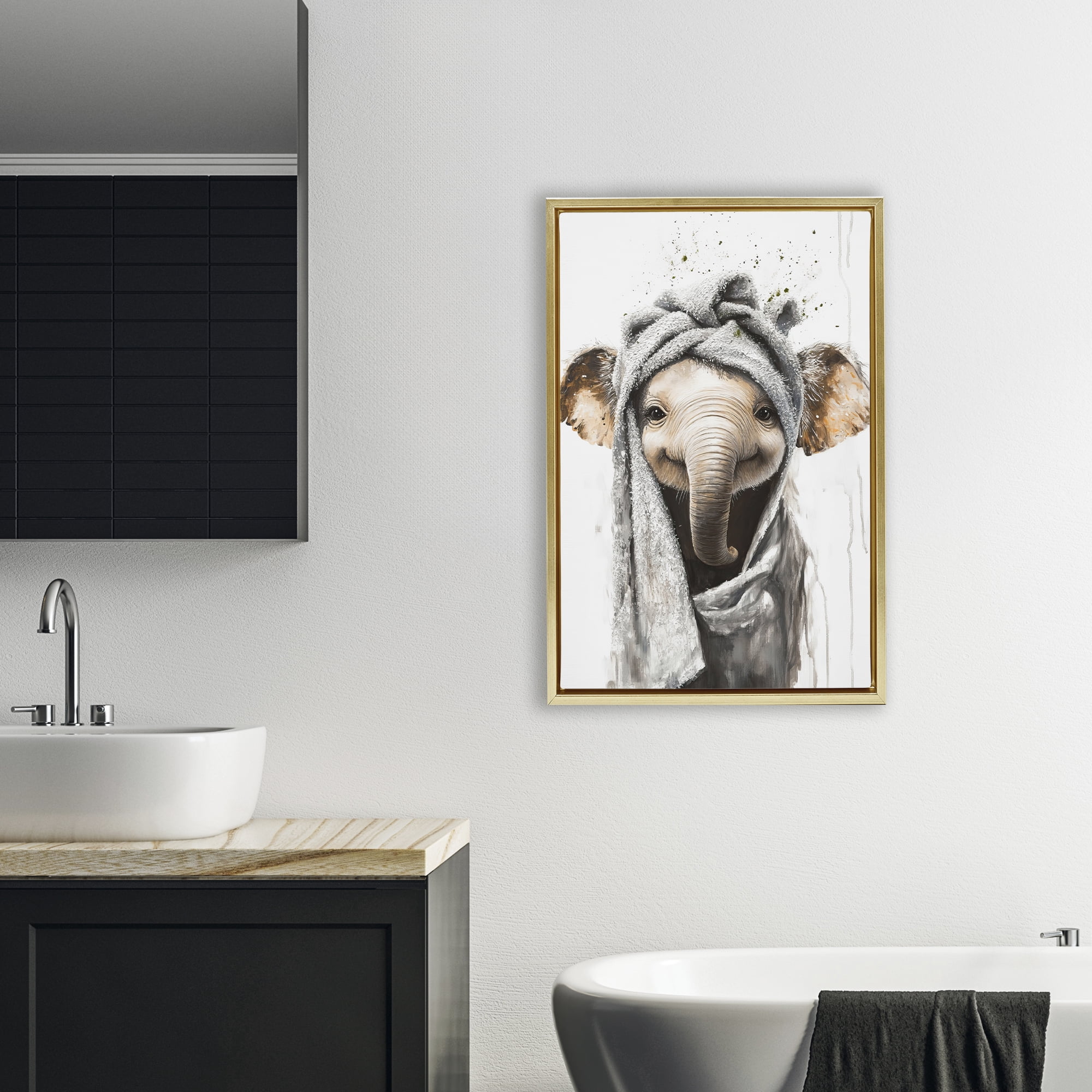 Stupell Industries Squeaky Clean Elephant Gold Framed Floater Canvas Wall Art, design by Tina LeCour